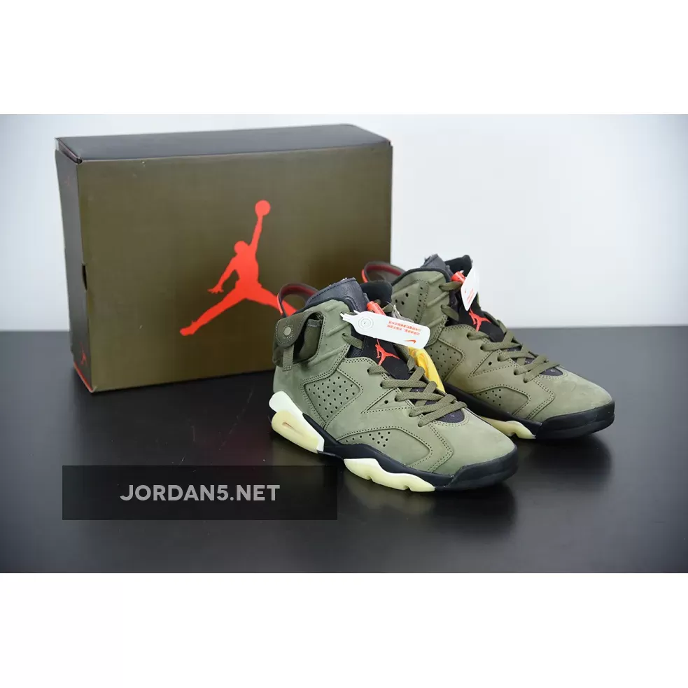 Travis Scott x Air Jordan 6 Medium Olive/Black-Sail-University Red #jordan 6 olive travis scott