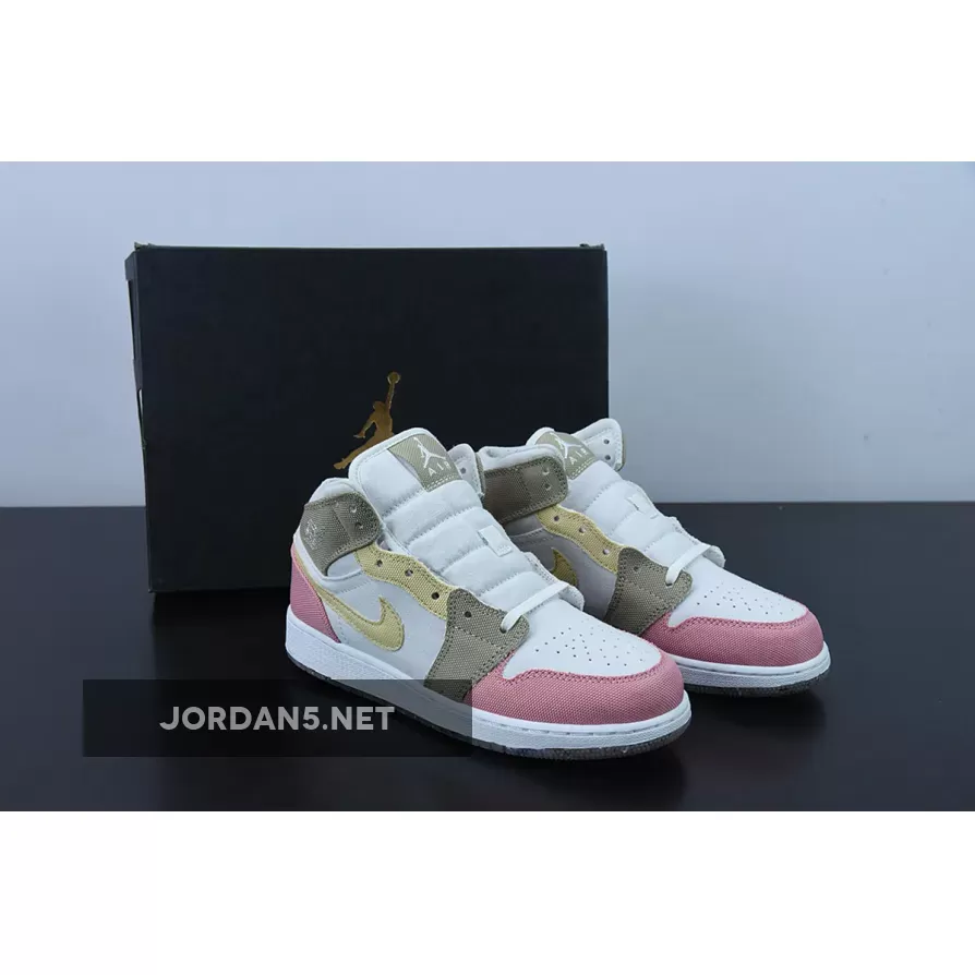 Air Jordan 1 Mid Recycled Canvas Pink Tan Yellow DJ0338-100 air jordan 1 mid se pastal grind